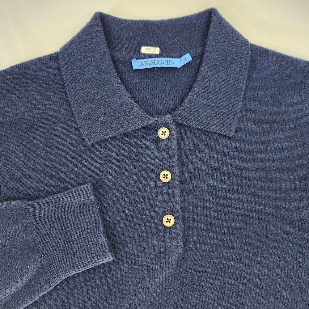 J.McLaughlin Womens Cashmere Polo Sweater Size M Navy Parisian Luxury Minimalist